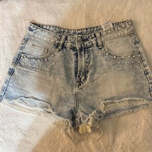 Distressed Denim Shorts with Pearl Accents